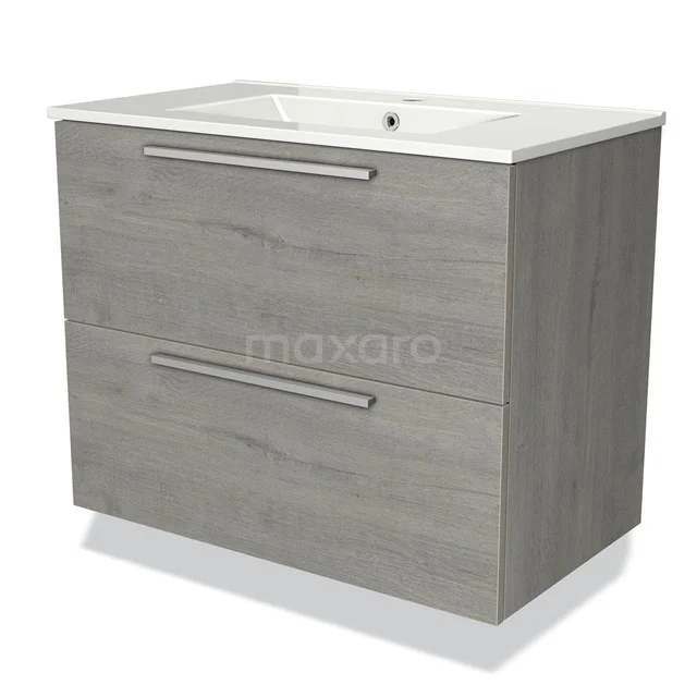 Badkamermeubel 80cm Modulo Grijs Eiken 2 lades Vlak Wastafel Keramiek BMW17-00438