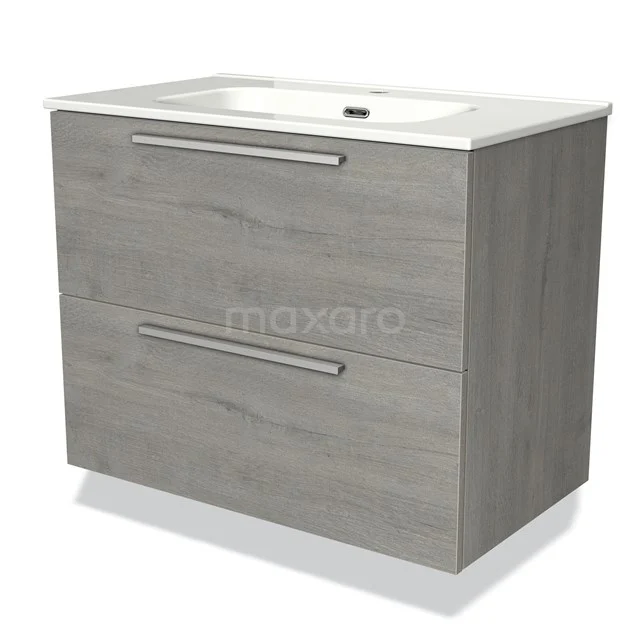 Holz-Badmöbel mit grauer Holzoptik, zwei Schubladen und integriertem weißen Waschbecken; modernes und elegantes Design.