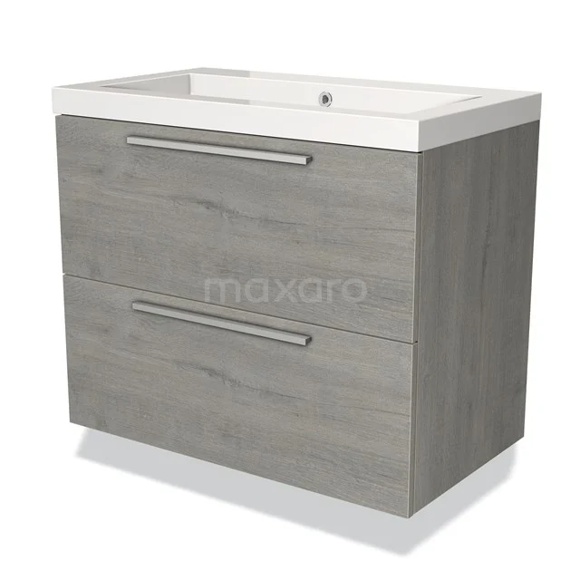 Grey wooden bathroom unit with double drawers and white sink, modern design with metal handles.
