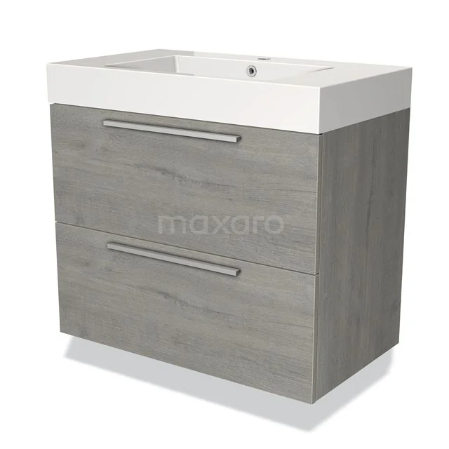 Modulo Bathroom furniture with sink | 80 cm Grey oak Flat front Mineral marble 2 Stacked drawers BMW17-00446 Grey bathroom furniture set with wood look, 2 soft-close drawers and white ceramic basin, perfect for modern bathrooms.