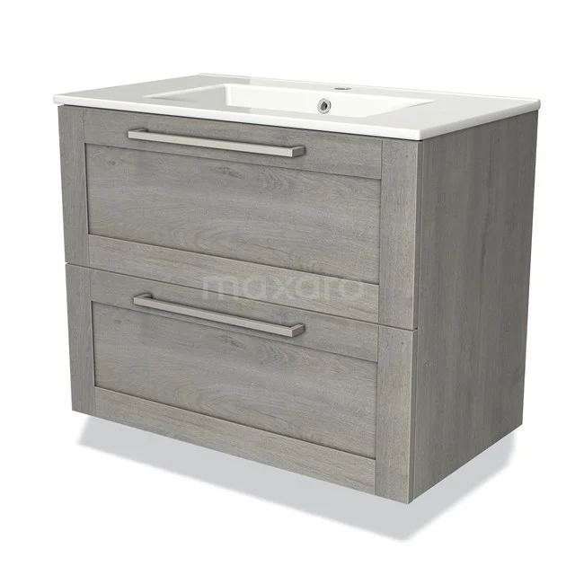 Grey Bathroom unit with two drawers, wood-look finish and built-in vanity units with basin, ideal for modern bathroom design.