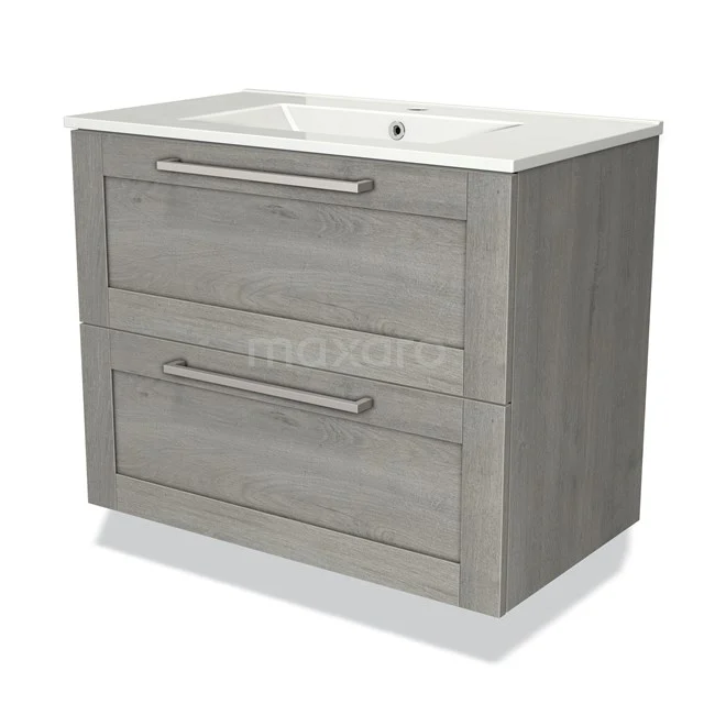 Grijs houten badkamermeubel met twee lades, metalen handgrepen en wit keramisch wastafelblad. Modern en stijlvol design.