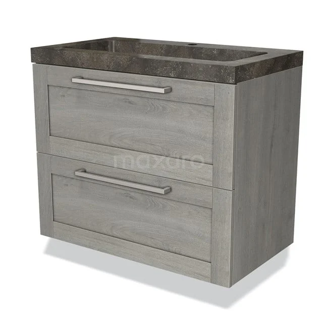 Wooden bathroom unit with grey oak finish, 2 spacious drawers and a stone-look basin worktop, modern and functional design.