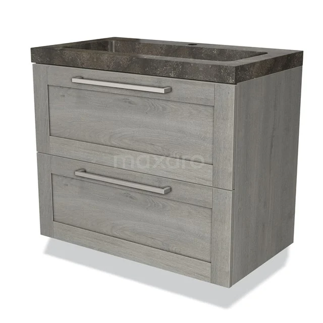 Wooden bathroom unit with grey oak finish, 2 spacious drawers and a stone-look basin worktop, modern and functional design.