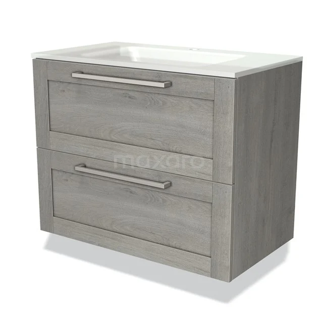 Modulo Bathroom furniture with sink | 80 cm Grey oak Frame front Glass 2 Stacked drawers BMW17-00454 Grey wooden bathroom unit with two drawers, modern handles and white vanity units with basin, ideal for stylish bathroom storage.