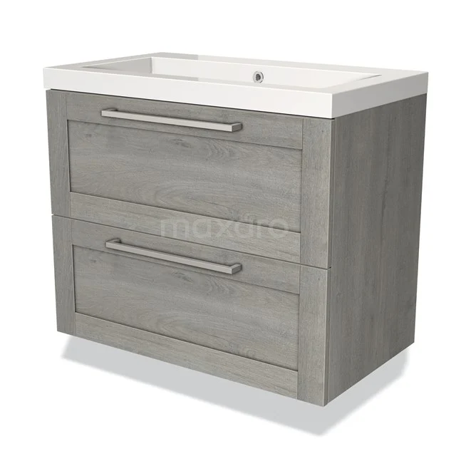 Grijze houten badkamermeubelset met witte wastafel, twee lades met metalen handgrepen, strak en modern design.