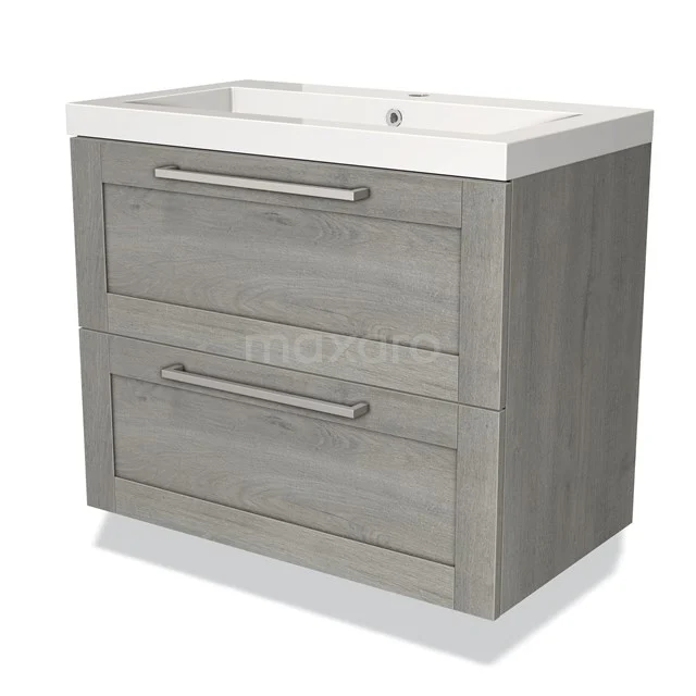 Grey wooden base cabinet with double drawers, chrome handles and integrated white basin, perfect for modern bathrooms.