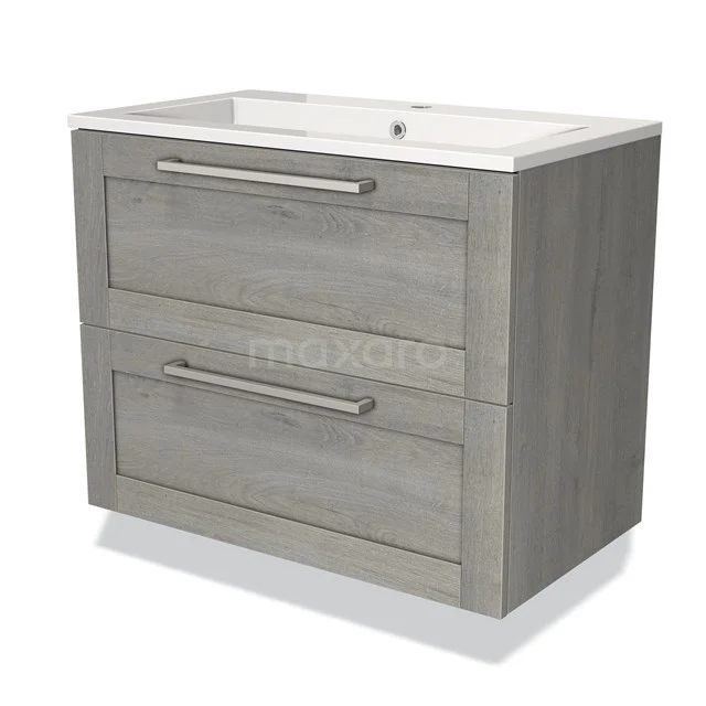 Grey wooden bathroom unit with two wide drawers, metal handles and built-in white vanity units with basin, modern and sleek design.