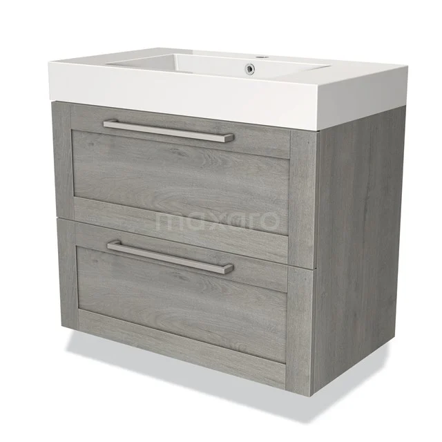 Grijze badkamermeubelset met twee ruime lades en witte wastafel, stijlvol design met houten look.