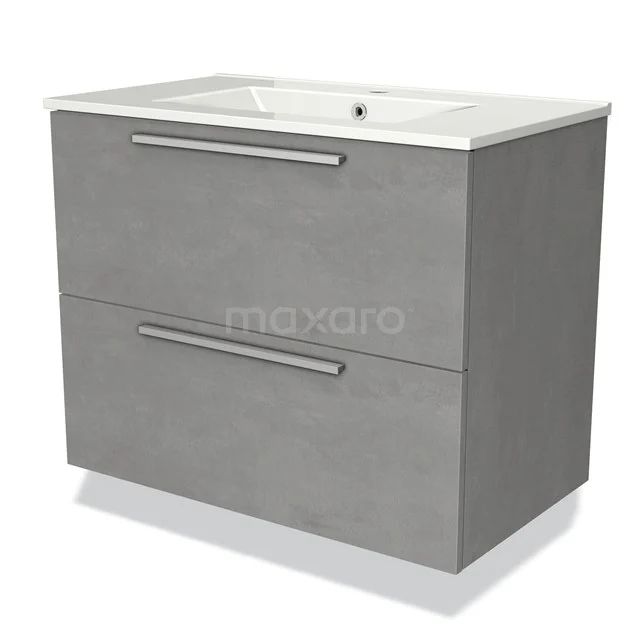 Grey bathroom furniture set with two drawers, modern concrete look and ceramic basin, perfect for a stylish bathroom.