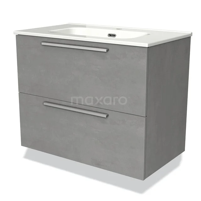 Grijs badkamermeubel met twee lades, strak design, inclusief keramische wastafel; ideaal voor moderne badkamerindeling.