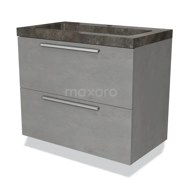 Grauer Waschbeckenunterschrank mit Betonlook, zwei Schubladen und metallischen Griffen, ideal als modernes Badmöbel.