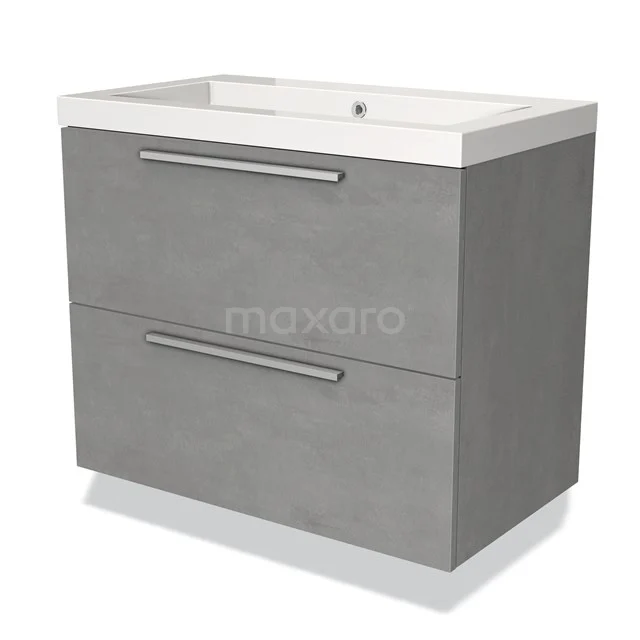 Grey bathroom furniture set with two drawers, modern concrete-look design, integrated basin and sleek metal handles.