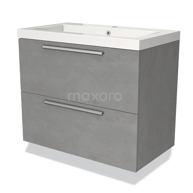 Grey vanity set with two drawers, metal handles and ceramic basin, modern design for stylish bathrooms.