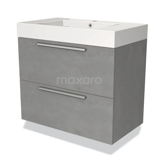 Grauer Badschrank mit weißem Waschbecken, zwei Schubladen und metallischen Haltegriffen; modernes Design aus nachhaltigem Material.