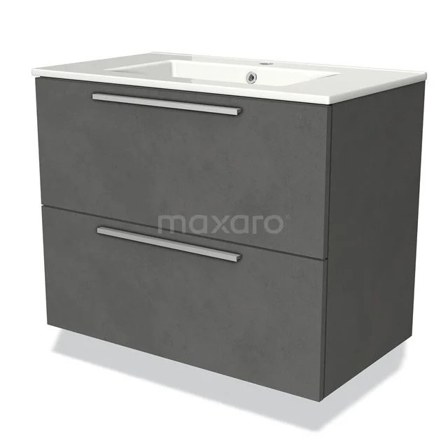 Grey bathroom furniture set with two drawers, wood-look finish and integrated basin, ideal for modern bathrooms.