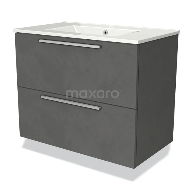 Dark grey bathroom furniture set with two drawers, rectangular basin and chrome handles, modern design.