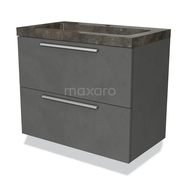 Bathroom unit concrete-look, anthracite grey, with two drawers and recessed basin, sleek design for modern bathrooms.