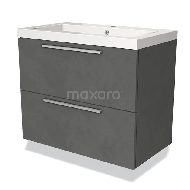 Grey vanity base unit with two drawers, concrete-look finish, including ceramic basin; modern bathroom unit.