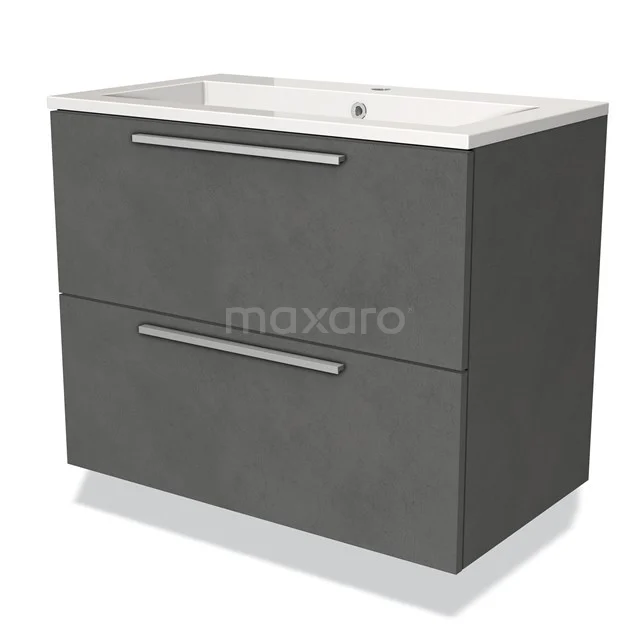 Grey bathroom unit with two soft-close drawers, matt concrete-look finish and integrated vanity units with basin, modern and practical design.