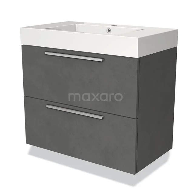 Grey Bathroom cabinet with two drawers, white basin and chrome handles, modern design for practical bathroom storage.