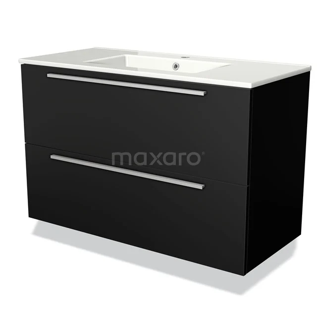 Zwarte badkamermeubel met twee lades en witte wastafel, strak design en glossy afwerking, ideaal voor moderne badkamers.