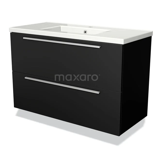Black rectangular bathroom unit with two aluminium drawer handles and white vanity units with basin, modern design.