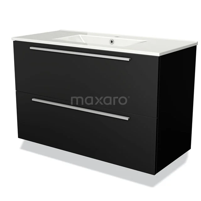 Zwarte badkamermeubel met twee laden, witte keramische wastafel en strak design, ideaal voor moderne badkamerinrichting.