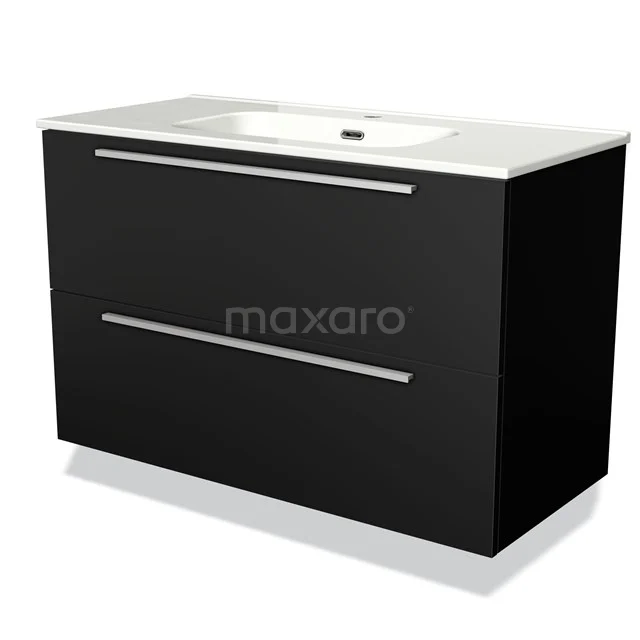Black bathroom unit with white vanity units with basin, two drawers and chrome handles, modern design made of high-quality materials.