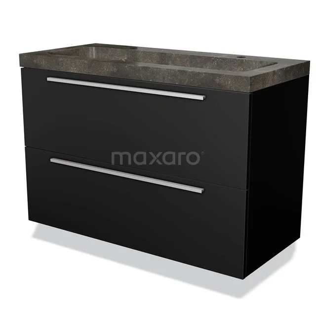 Black bathroom unit with two drawers, modern handles and dark marble vanity units with basin; sleek and stylish design.