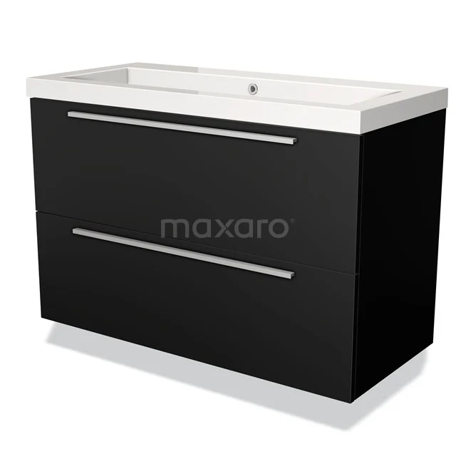 Zwart hangend badkamermeubel met twee lades, wit keramieken wastafelblad en slanke zilveren handgrepen, modern design.