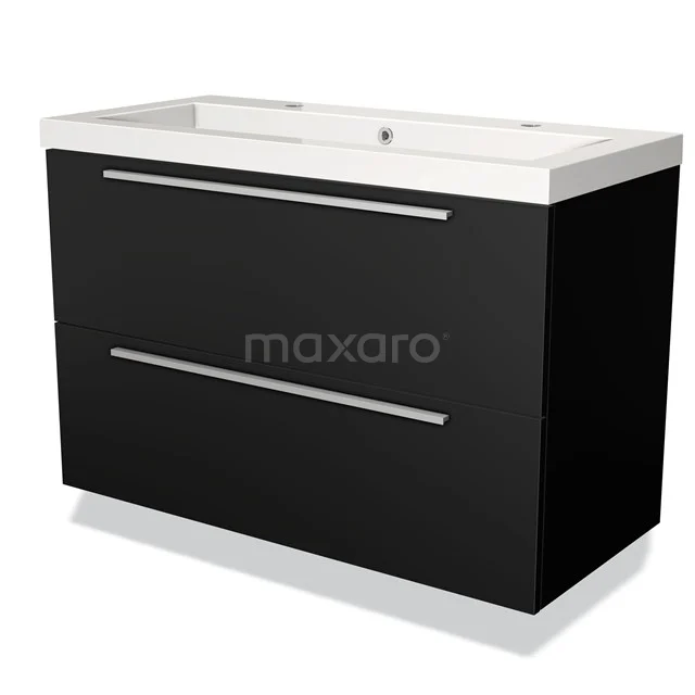 Stijlvol zwart badkamermeubel met twee brede lades, strakke design grepen en wit keramische wastafel.