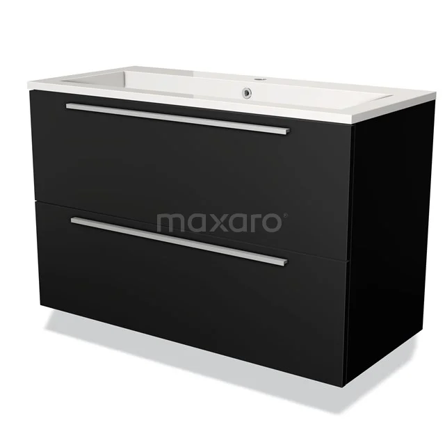 Zwarte badkamermeubel met twee lades, strak design en witte wastafel; ideaal voor moderne badkameropstellingen.