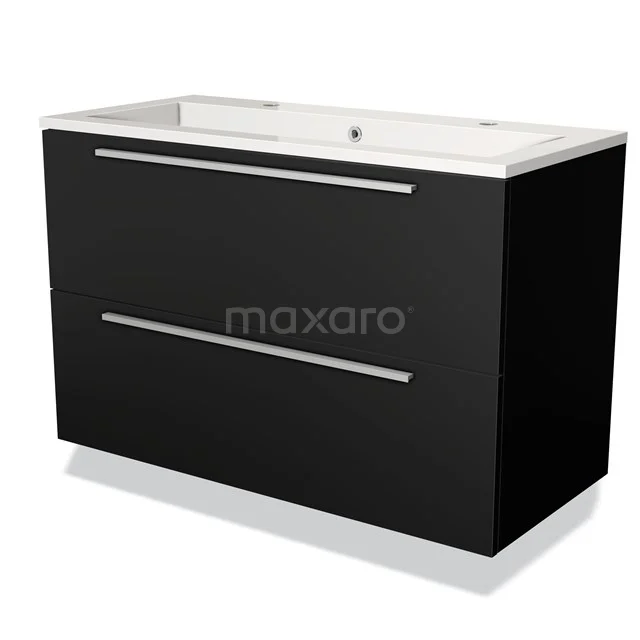 Zwarte badkamermeubelset met twee lades, strakke RVS-grepen en witte keramische wastafel, modern design.