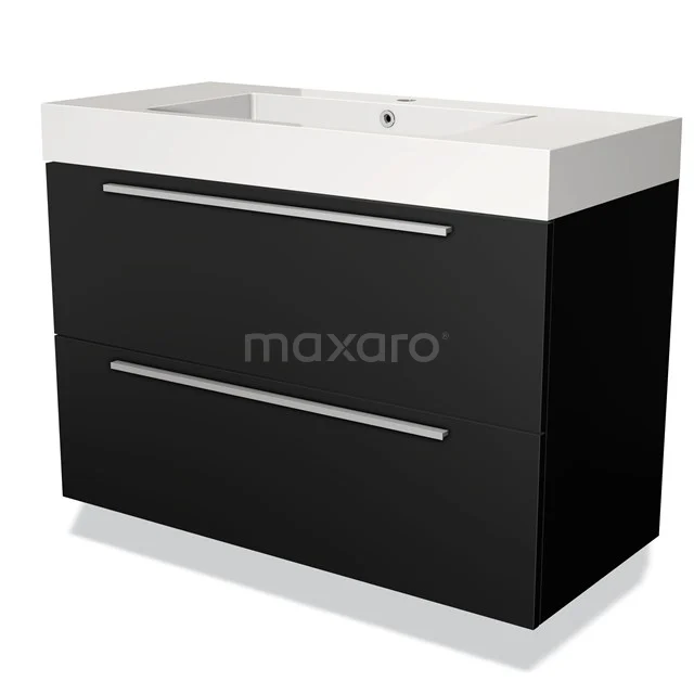 Badkamermeubel 100cm Modulo Mat Zwart 2 lades Vlak Wastafel Mineraalmarmer BMW17-00497