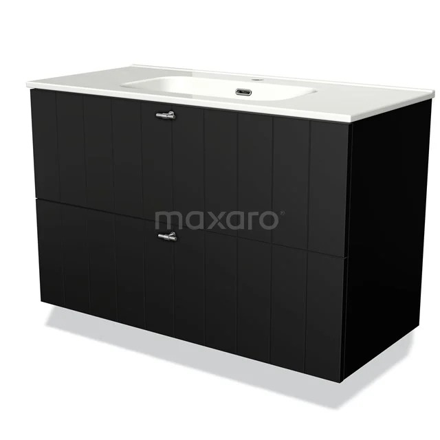 Zwarte zwevende wastafelonderkast met twee lades, wit keramieken wastafelblad; modern badkamermeubel van duurzame materialen.