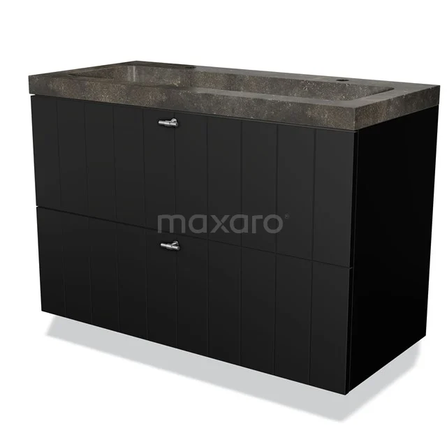 Modulo Bathroom furniture with sink | 100 cm Matte black Slat front Natural stone 2 Stacked drawers BMW17-00504 Black bathroom unit with double vanity units with basin in grey, clean lines and modern look, ideal for stylish bathrooms.