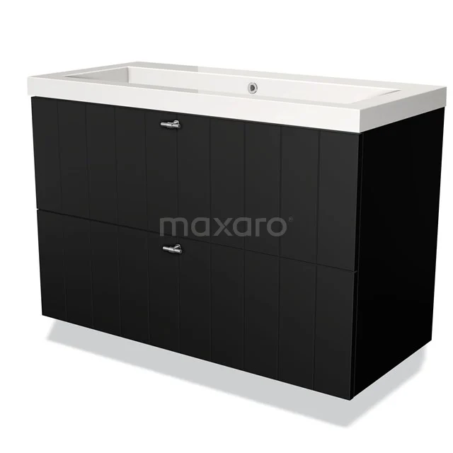 Zwarte badkamermeubel met witte wastafel, strakke afwerking, twee lades en modern design, geschikt voor eigentijdse badkamers.