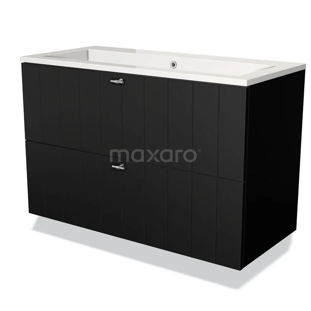 Zwarte badmeubelset met dubbele lades en witte wastafel, strak design, ideaal voor moderne badkamerinterieurs.