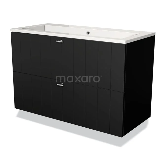 Black bathroom unit with basin, sleek design, two drawers with metal handles and glossy finish.
