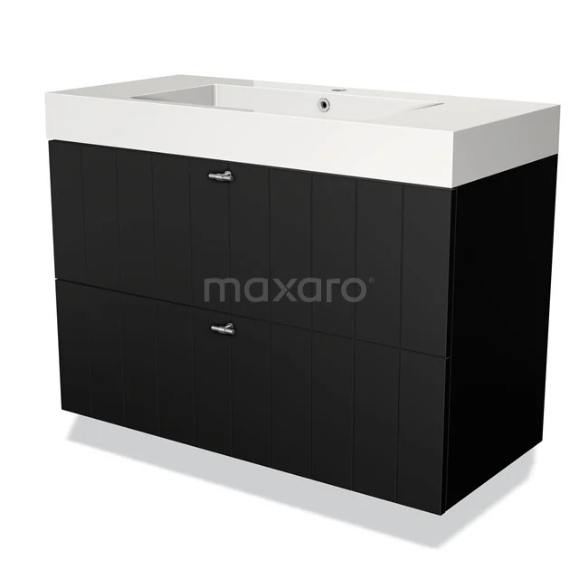Black bathroom unit with two drawers and white ceramic vanity units with basin, sleek design, ideal for modern bathrooms.