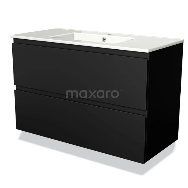 Black floating bathroom furniture set with two drawers, white ceramic basin worktop and modern finish.