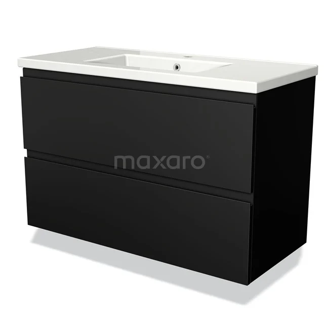 Black bathroom cabinet with two drawers, white ceramic basin, modern design, ideal for stylish bathroom decor.