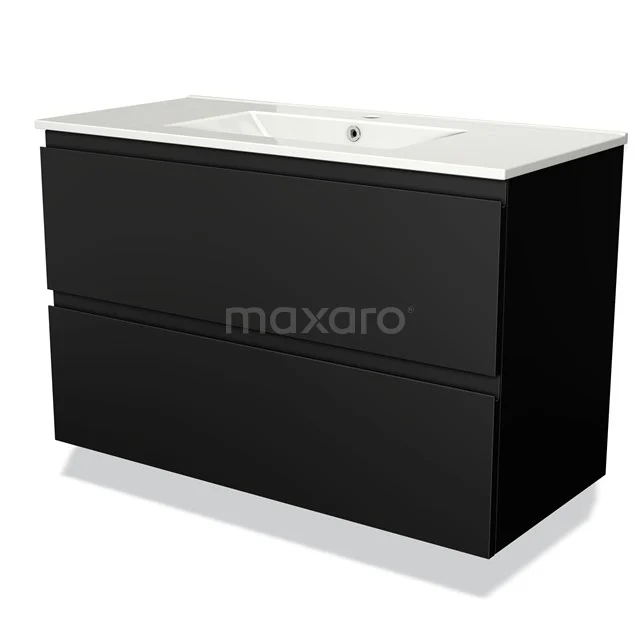 Zwarte badkamermeubel met een strak design, dubbele lades en wit keramisch wasblad, ideaal voor moderne badkamers.