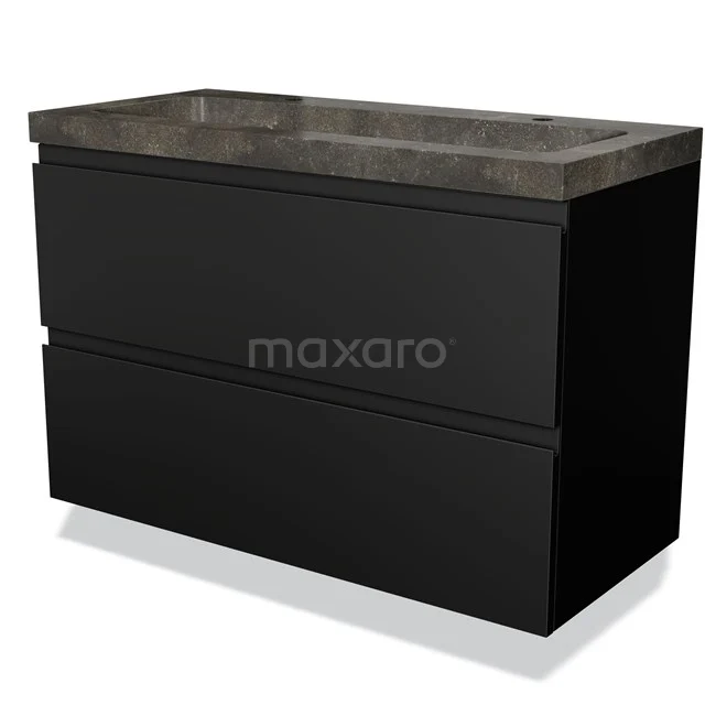 Zwarte badkamermeubel met twee lades en donkergrijs wastafelblad, modern design geschikt voor elke stijlvolle badkamer.
