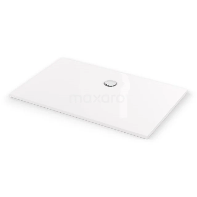 Rechteckige weiße Duschplatte aus Keramik mit Abfluss in der Mitte, ideal für ein modernes Badezimmer.