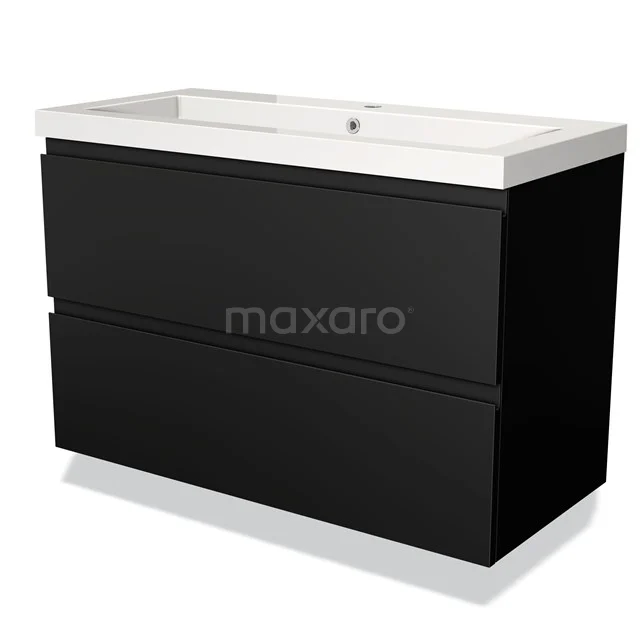 Zwart badkamermeubel met twee lades, witte keramische wastafel, modern design, ideaal voor een stijlvolle badkamerinrichting.