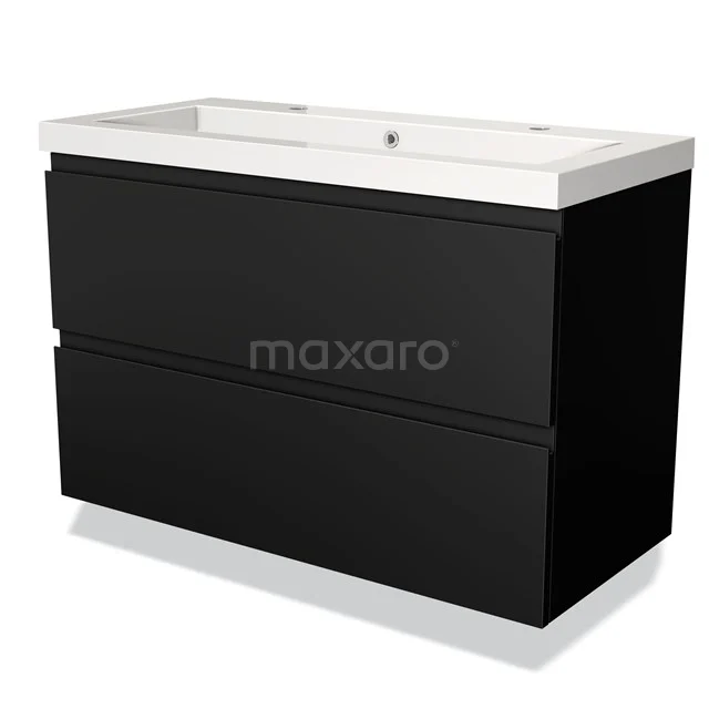 Badkamermeubel 100cm Modulo Mat Zwart 2 lades Greeploos Wastafel Mineraalmarmer BMW17-00523