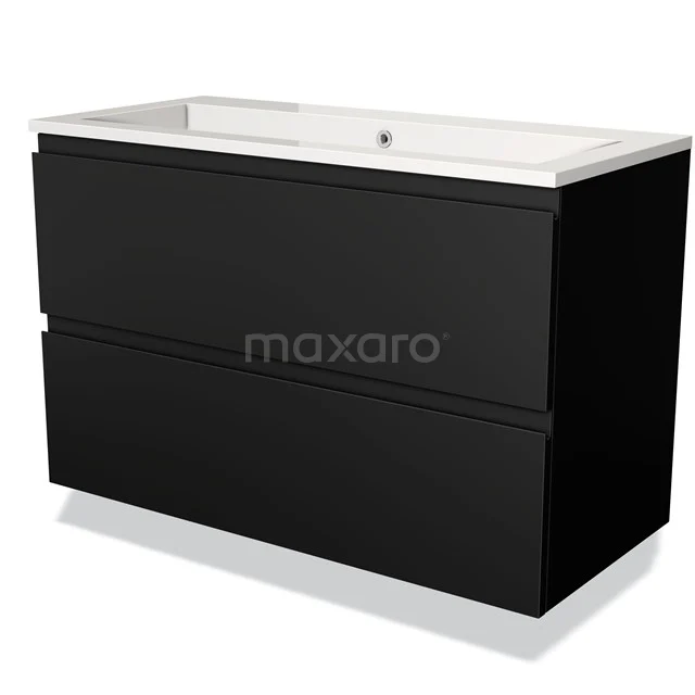 Black bathroom unit with double drawers, matte finish and ceramic basin, ideal for modern bathroom design.