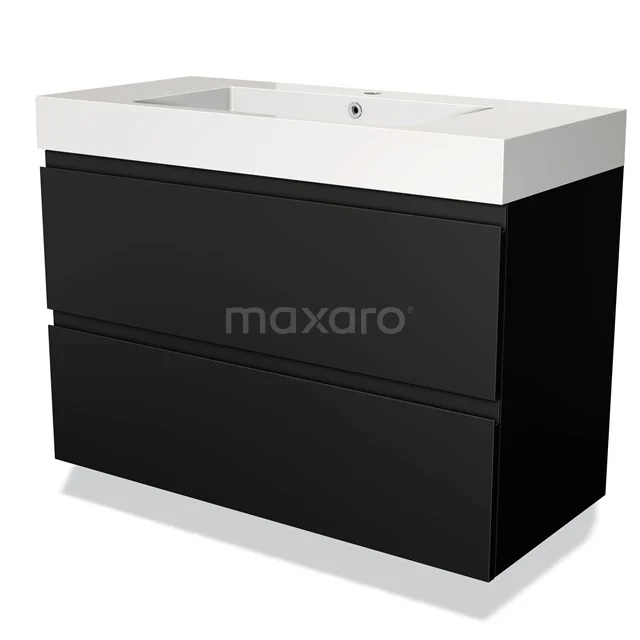 Black bathroom unit with white vanity units with basin, sleek design, two spacious drawers, ideal for modern bathroom layouts.